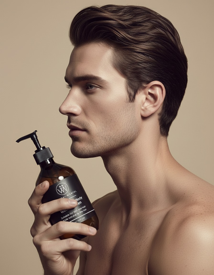 Man holding a Man holding a bottle of Villoni Wurfel 2 in 1 hair and body wash 