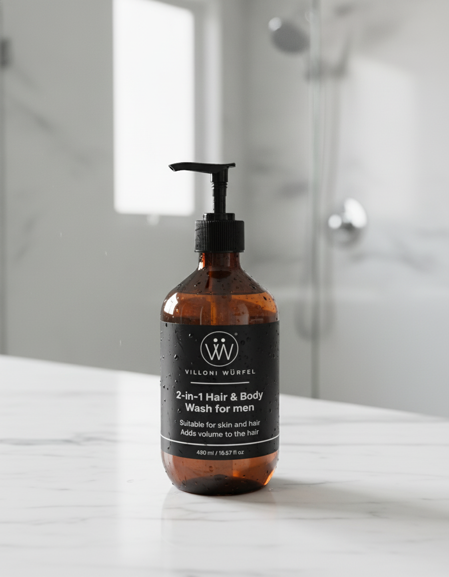 Villoni-Wurfel-2-in-1 hair-body-for-men bottle on bathroom counter