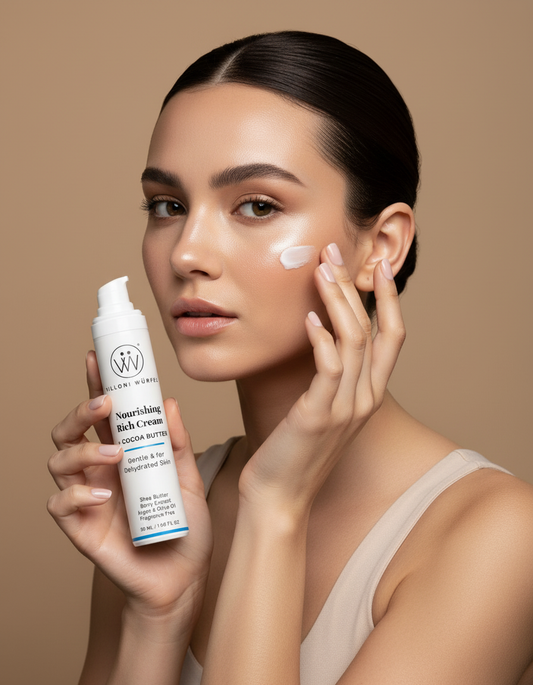 applying villoni wurfel nourishing cream while holding bottle