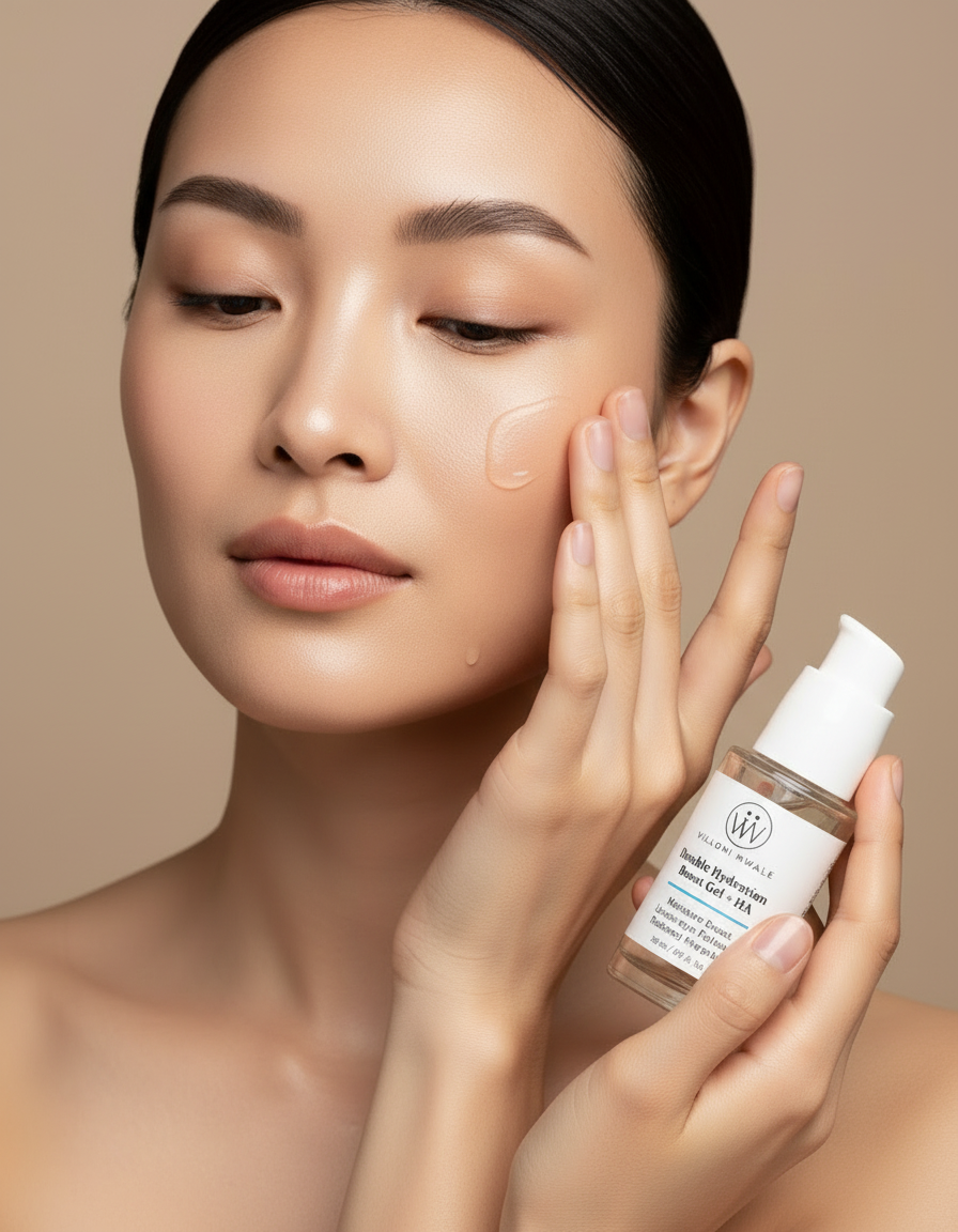 Asian Model Applying Villoni Wurfel Double Hydration Boost Gel + HA 
