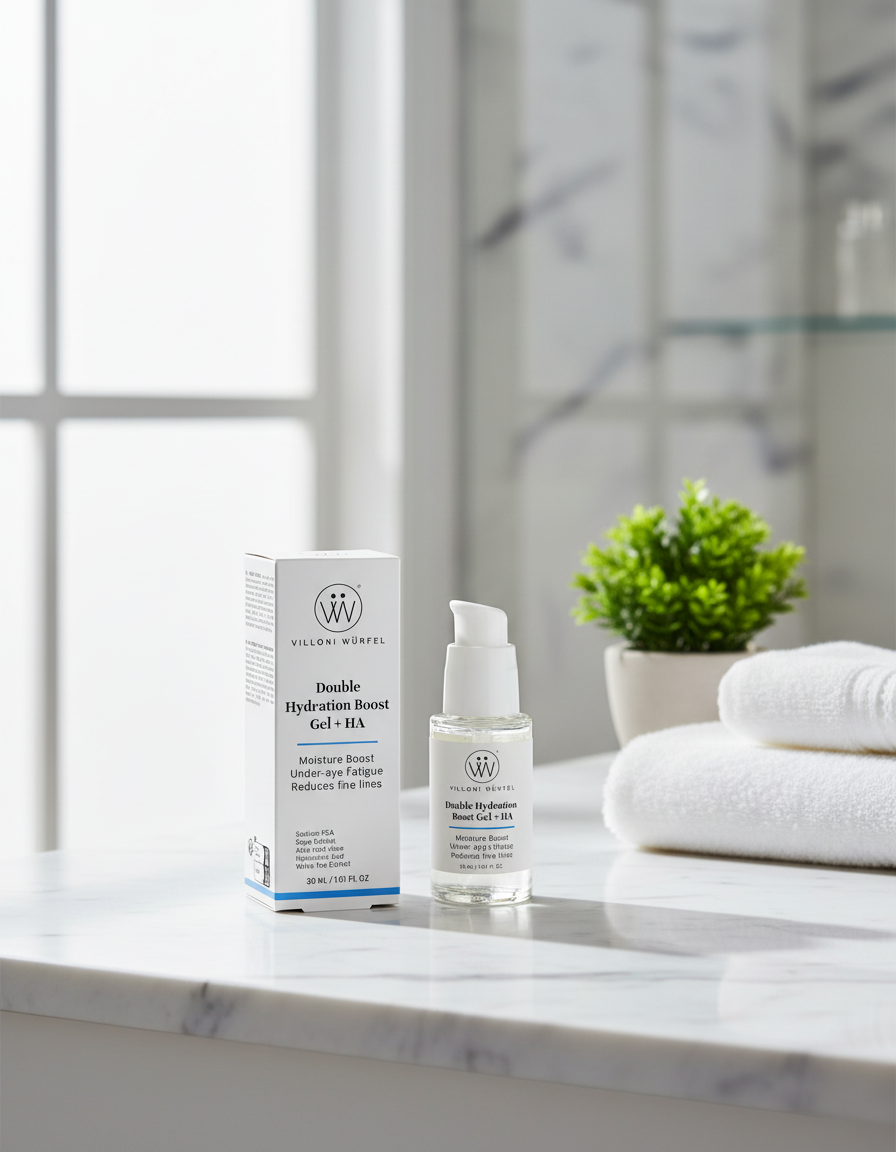 Villoni Wurfel double hydration boost gel  in Bathroom to hydrate your face 