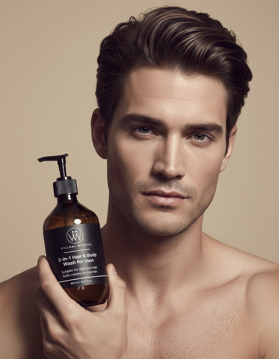 Man holding Man holding a bottle of Villoni Wurfel 2 in 1 hair and body wash 