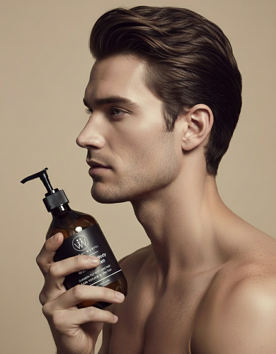 Man holding Man holding a bottle of Villoni Wurfel 2 in 1 hair and body wash 