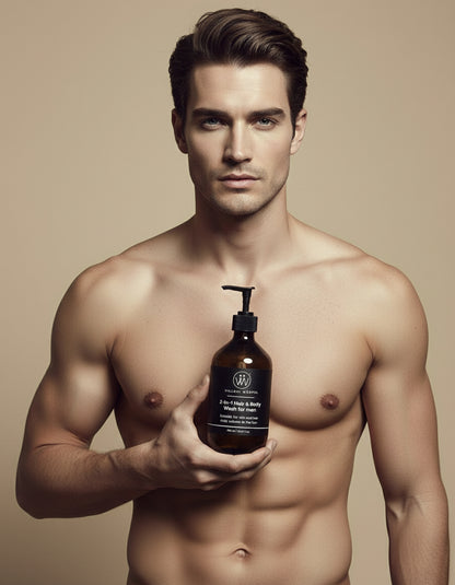 Man holding a bottle of Villoni Wurfel 2 in 1 hair and body wash 