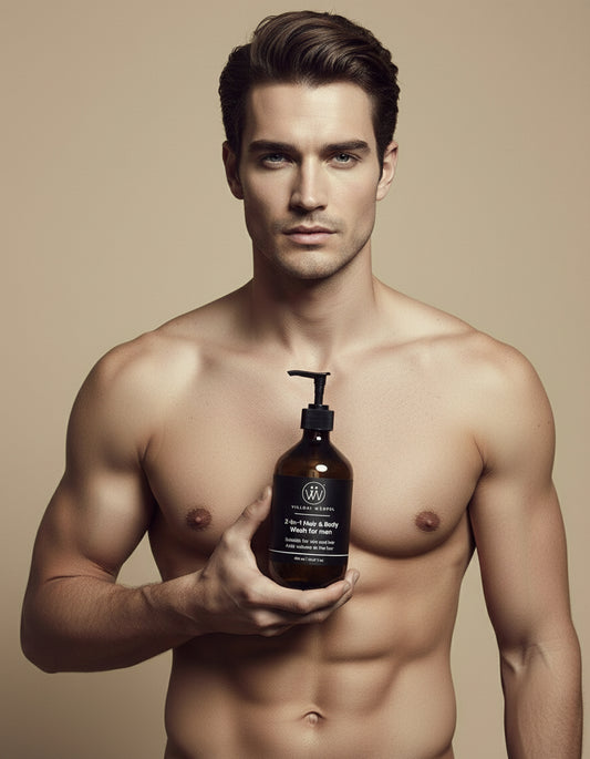 Man holding a bottle of Villoni Wurfel 2 in 1 hair and body wash 