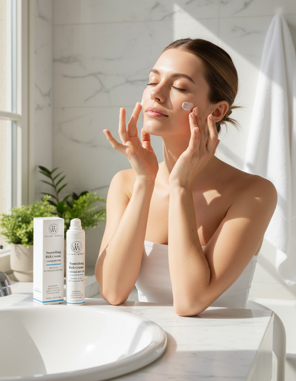 applying villoni wurfel nourishing cream that contains argan oil