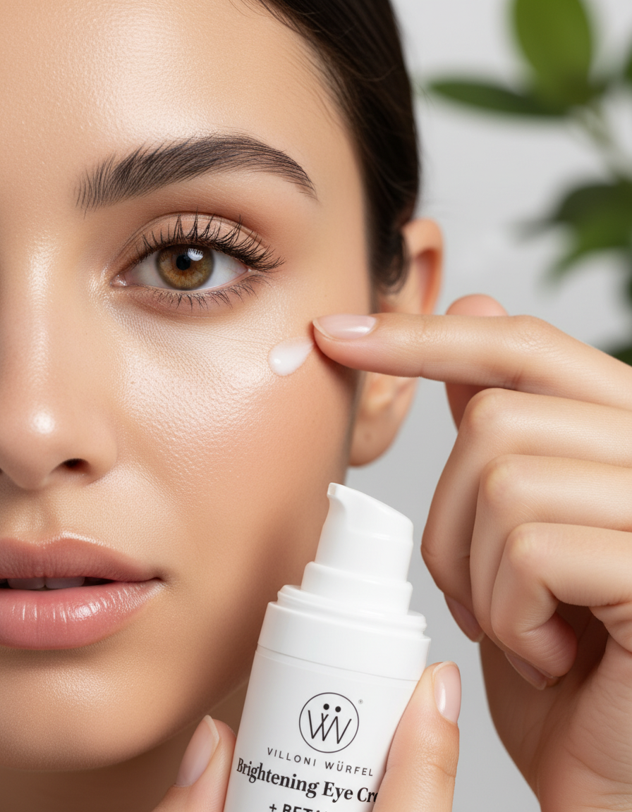 Model Applying Villoni Wurfel Brightening Eye Cream with Jar in Hand