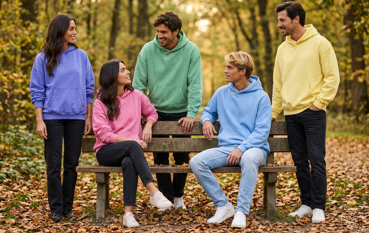 Autumn lifestyle banner with models arranged around a park bench