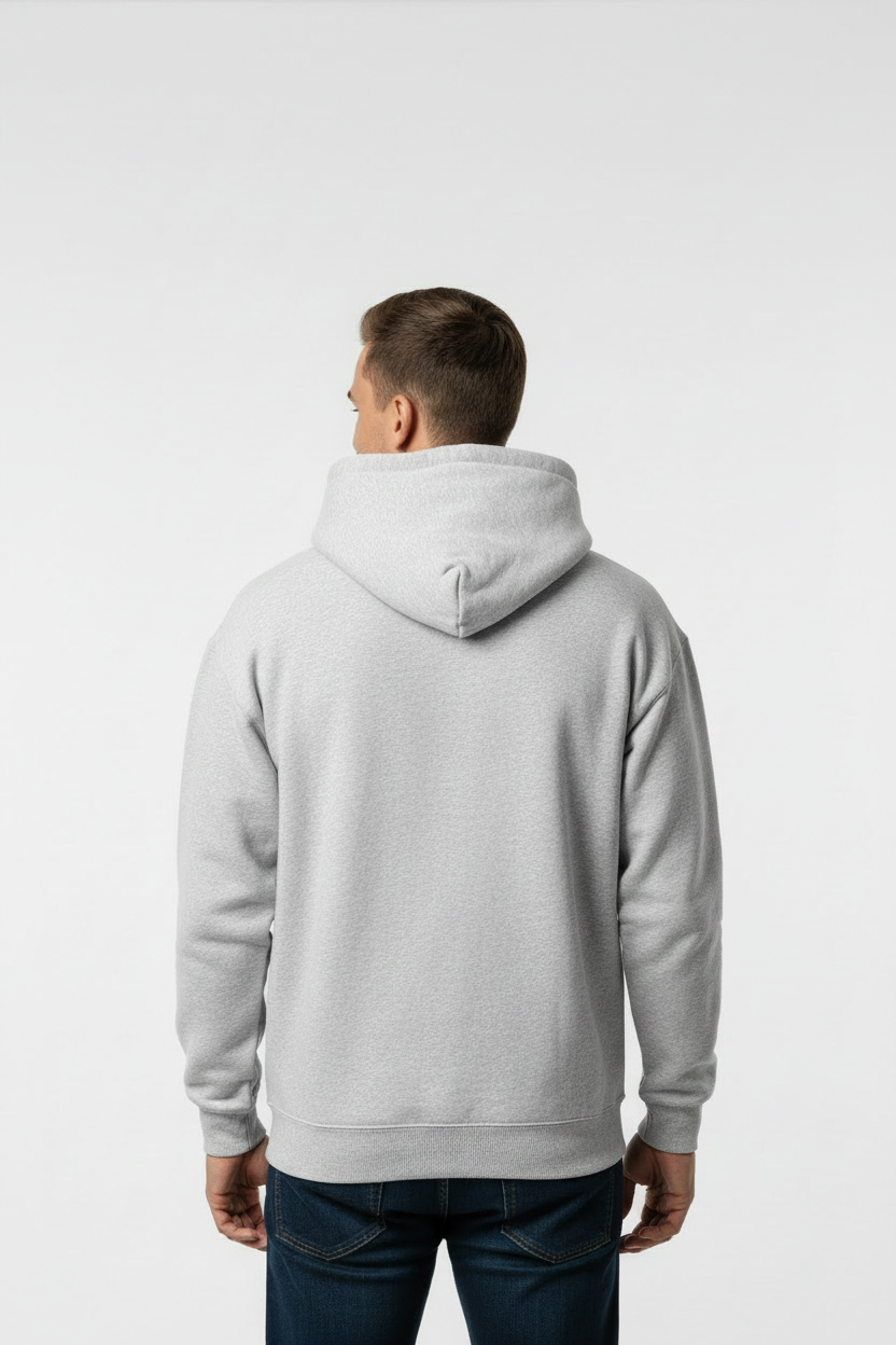 Back view of the plain grey hoodie framed tight to the top of the head