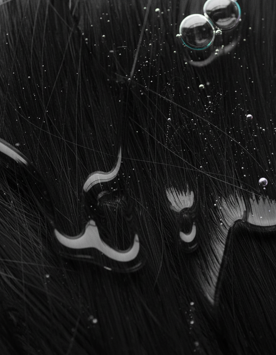 Black hair with water droplets close-up