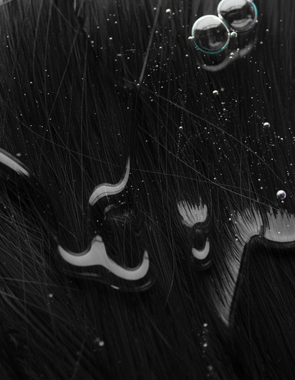 Black hair with water droplets close-up