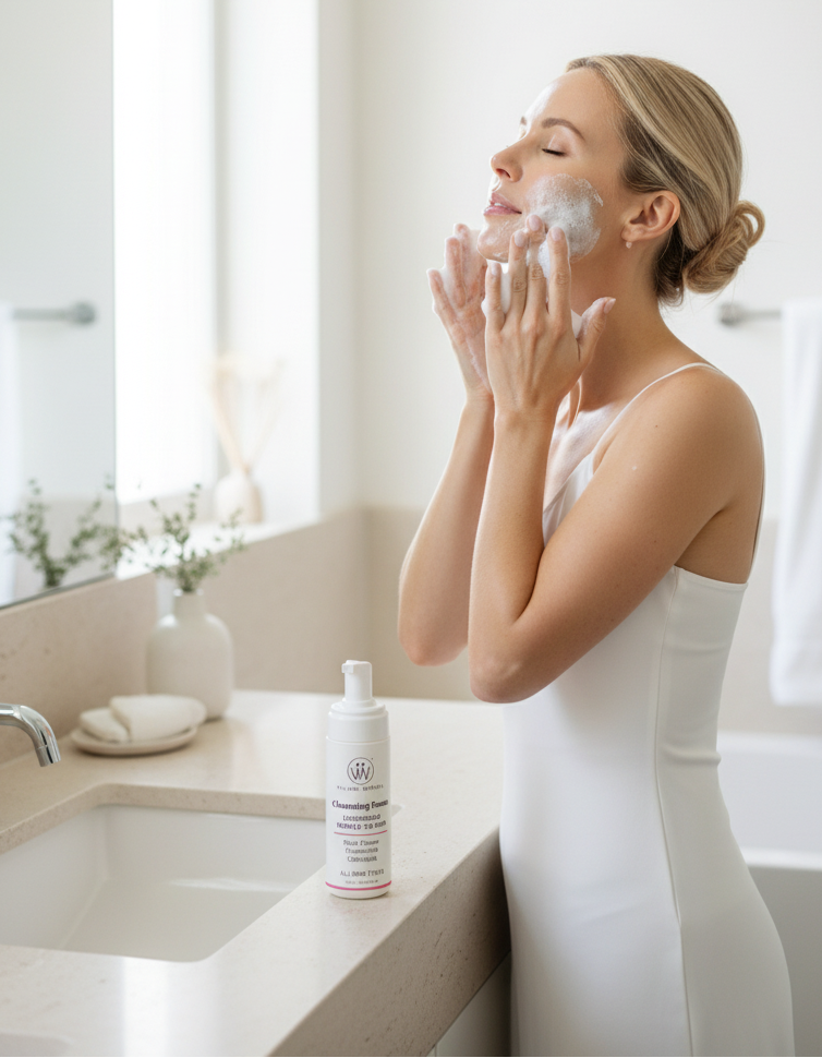 Blonde model applying Cleansing Foam by sink
