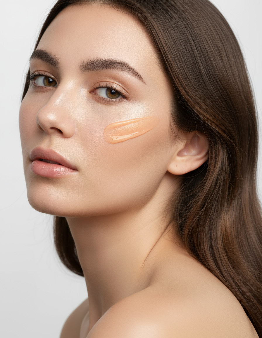 Brunette model with light orange serum smear