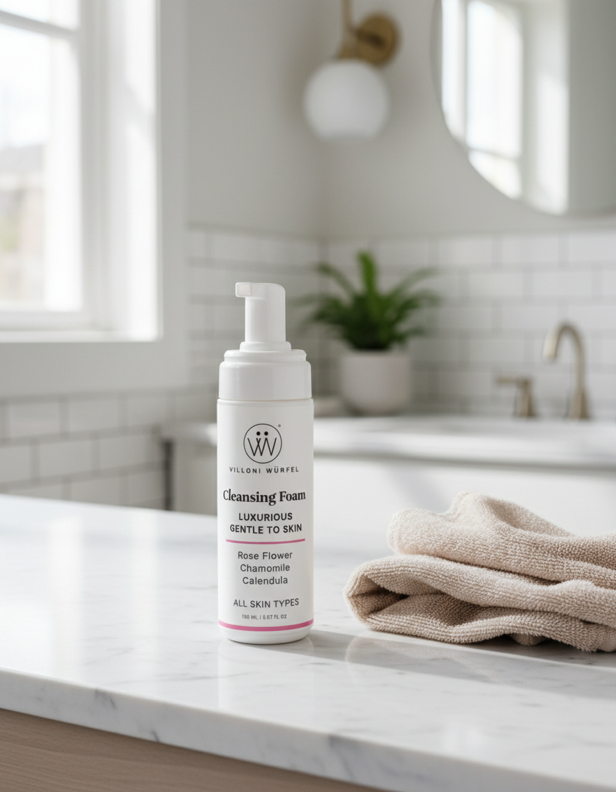 Cleansing Foam bottle with towel in bathroom