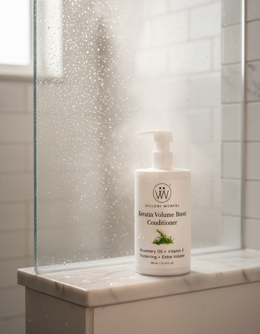 Close-up of conditioner bottle in bathroom setting