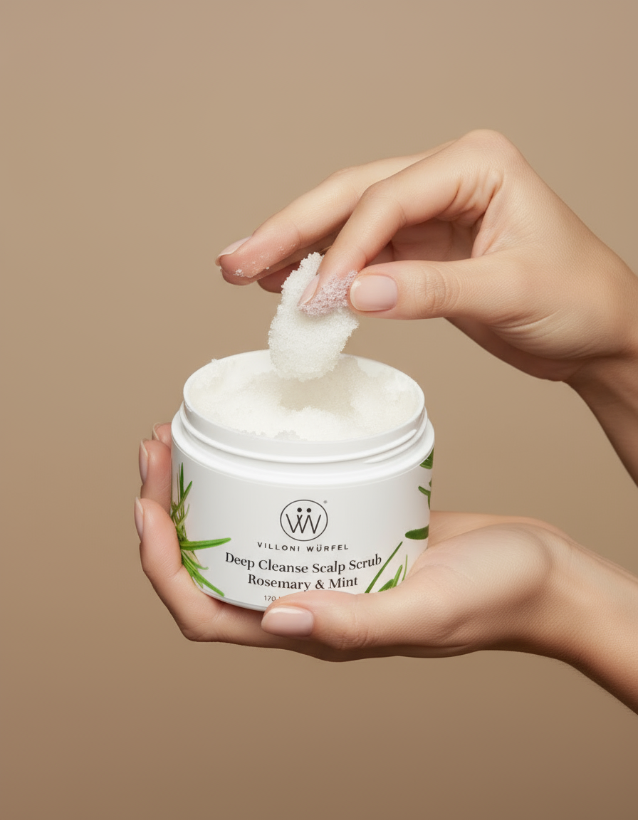 Close-up of hands scooping Deep Cleanse Scalp Scrub