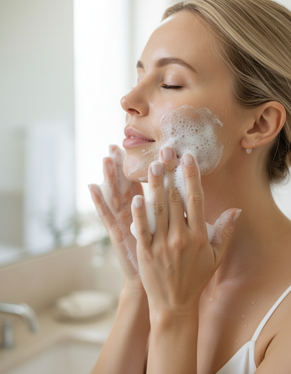 Close-up of model applying Cleansing Foam