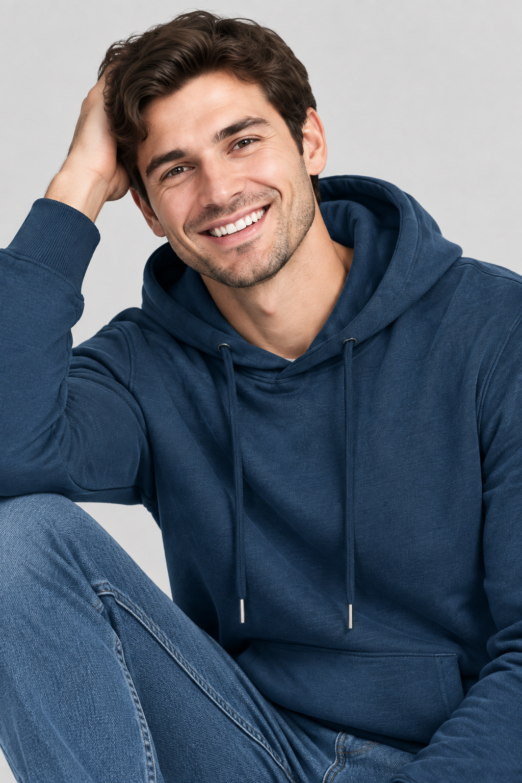 Close-up of the hoodie with a fun pose