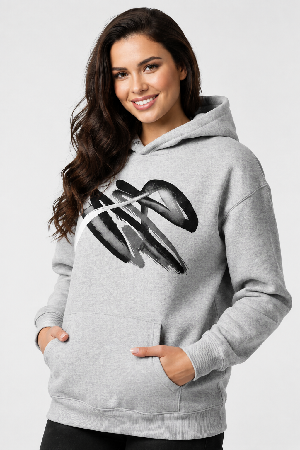 Close-up portrait of the model and grey graphic hoodie