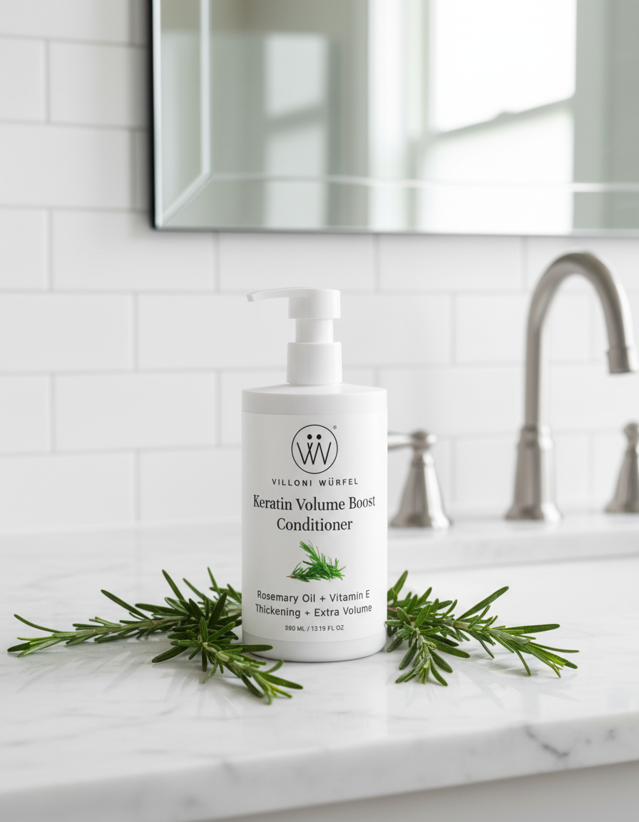 Conditioner bottle in bathroom with rosemary