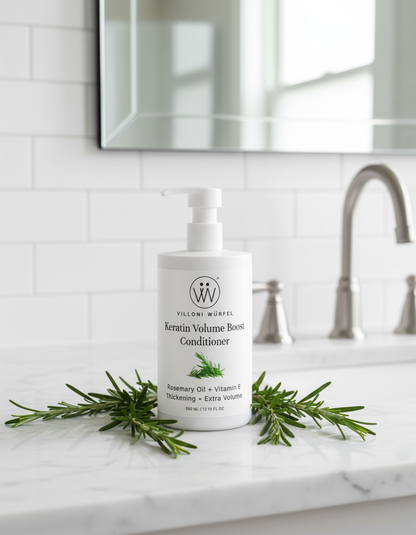 Conditioner bottle in bathroom with rosemary