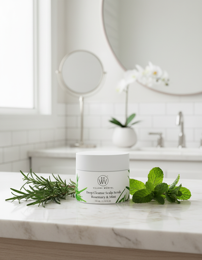 Deep Cleanse Scalp Scrub with rosemary and mint on both sides