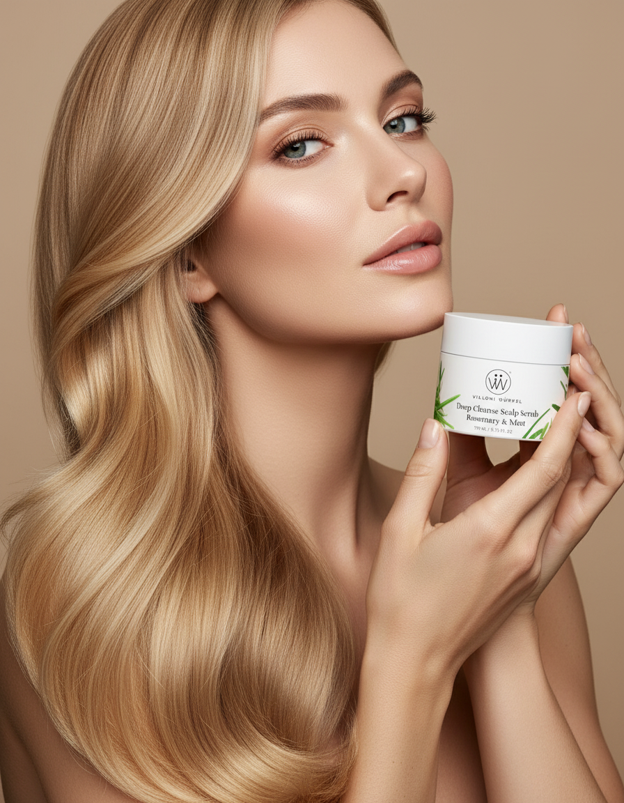 Woman applying Deep Cleanse Scalp Scrub with rosemary and mint in bathroom by Villoni Wurfel. 