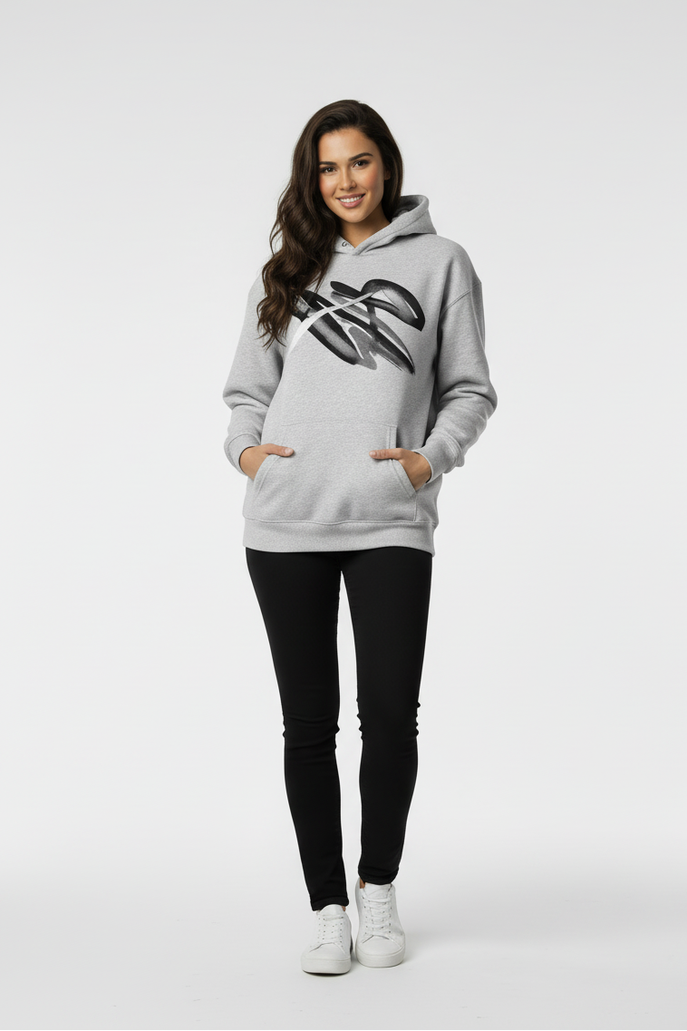 Wommen's Oversized Gray Fleeced Hoodie | White + Black