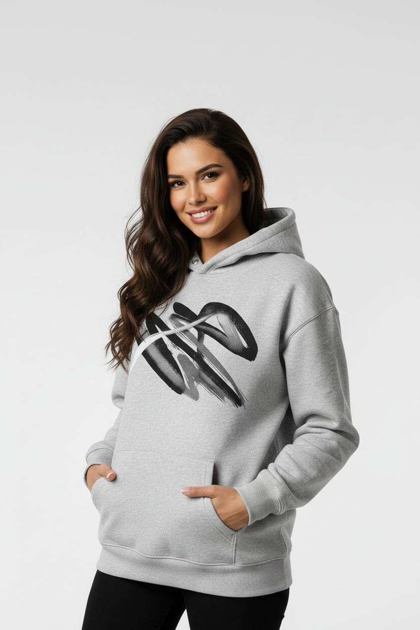 Grey graphic hoodie on model, 2:3