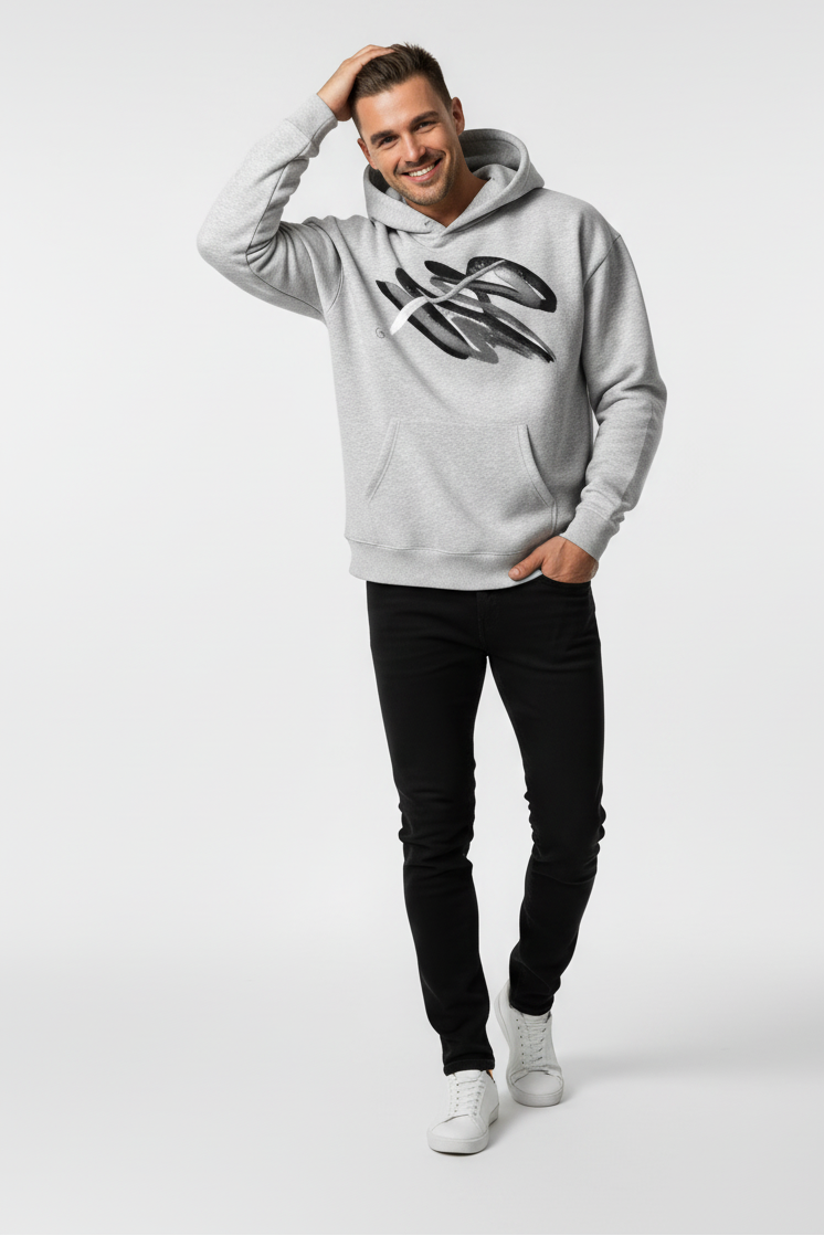 Grey hoodie photo reframed to portrait
