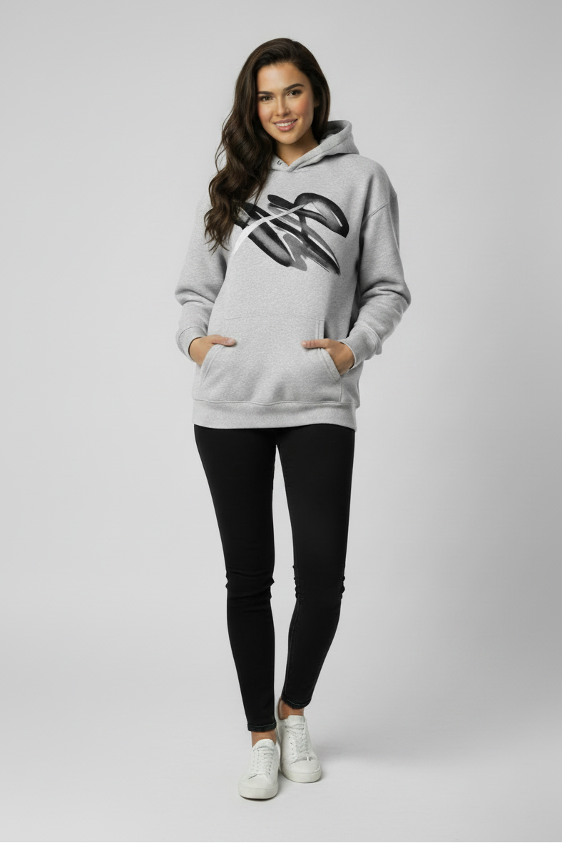 Grey hoodie shot on the light near-white backdrop