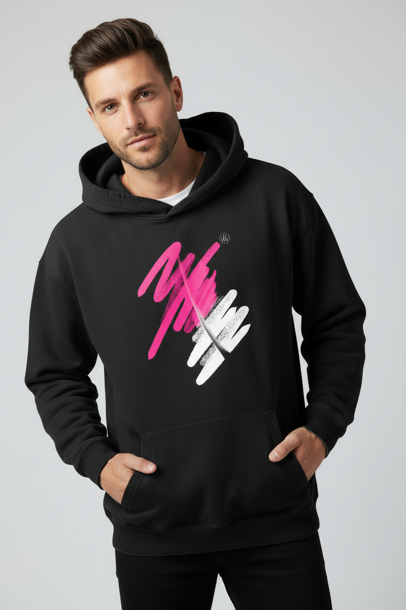 Men's Black Fleece Hoodie | Pink + White