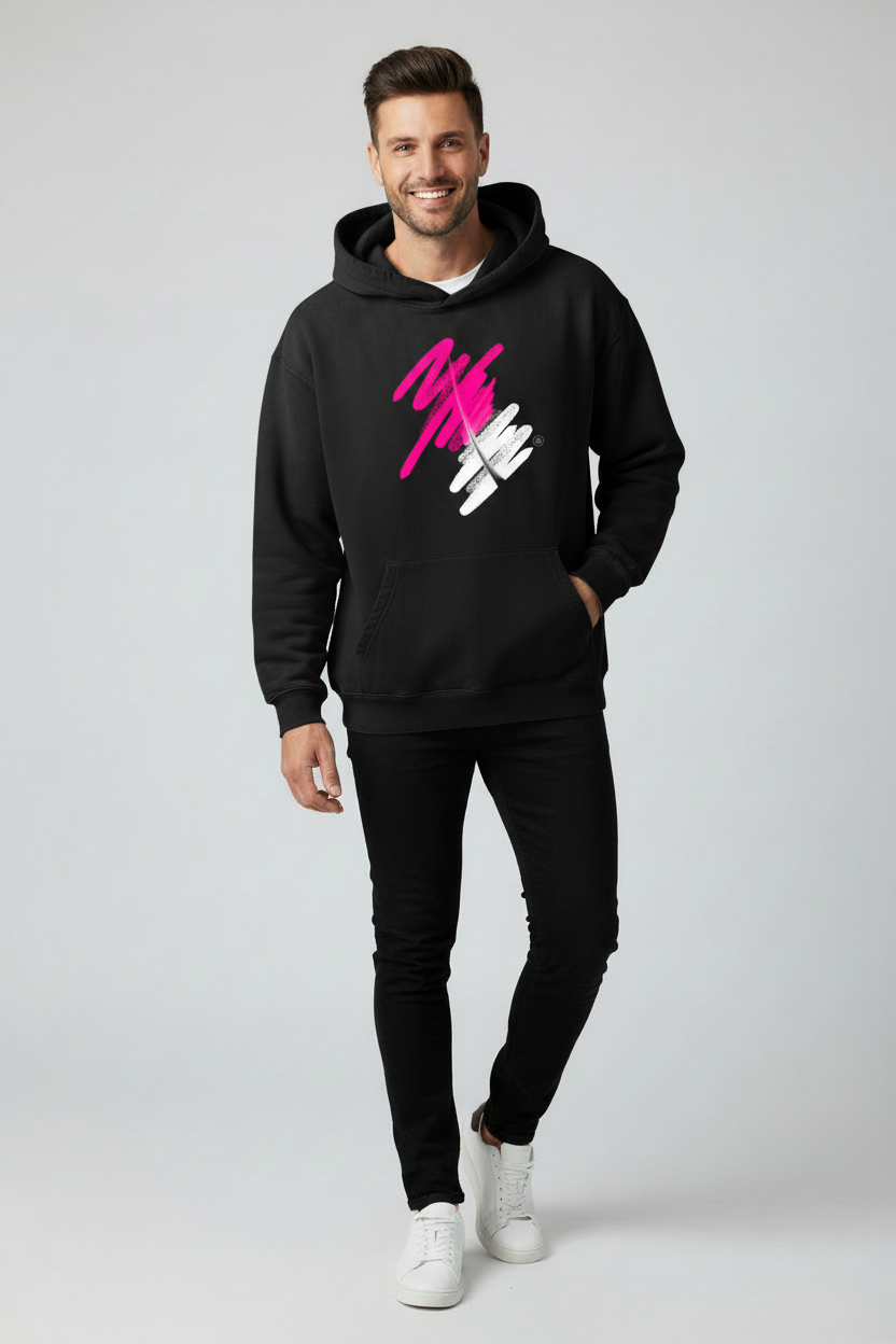 Men's Black Fleece Hoodie | Pink + White