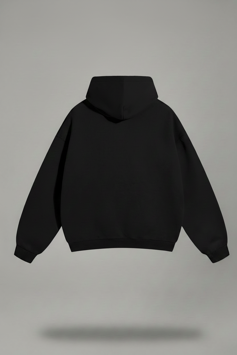 Plain black hoodie shown from the back on a light gray studio background