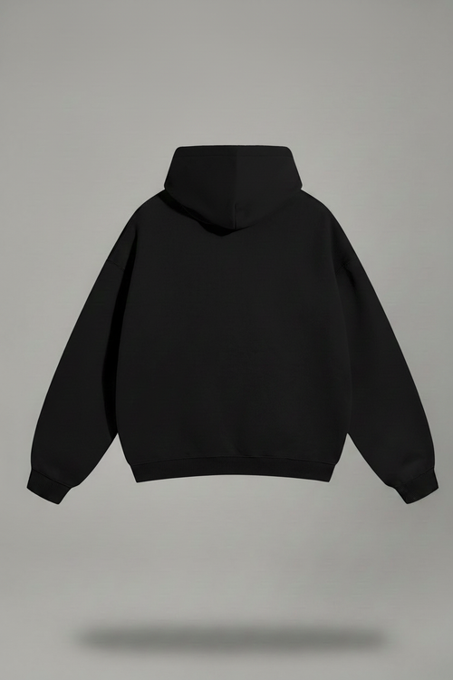 Plain black hoodie shown from the back on a light gray studio background
