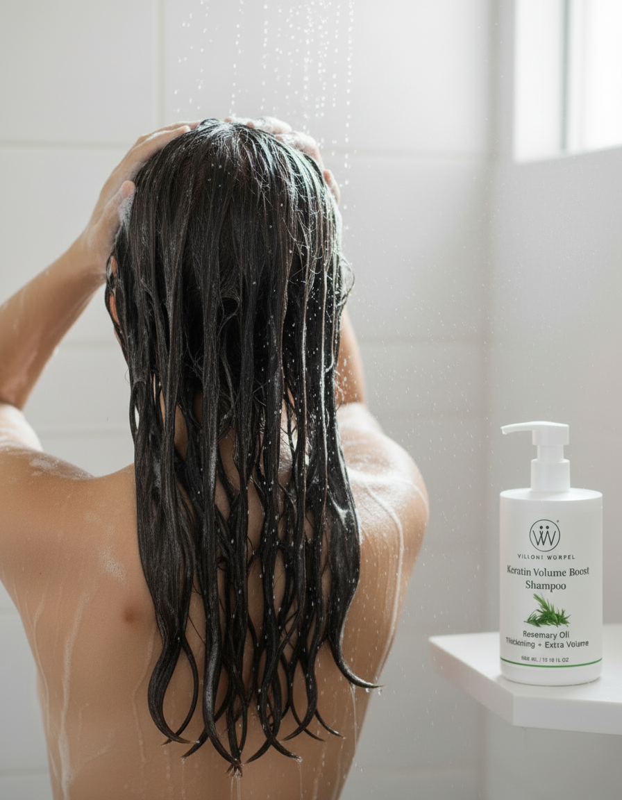 Keratin Volume Boost Shampoo very long wet hair close-up