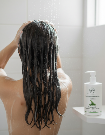 Keratin Volume Boost Shampoo very long wet hair close-up