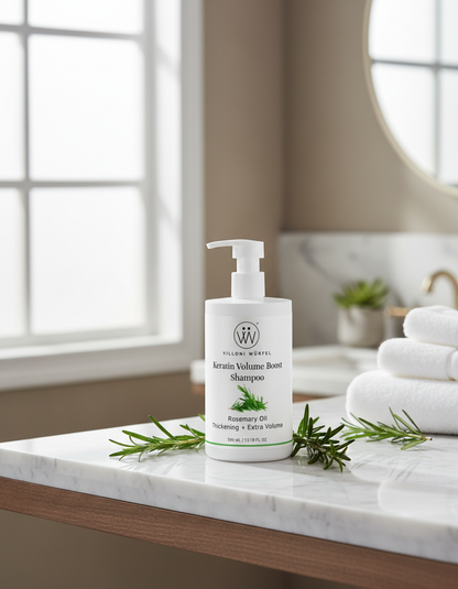Keratin Volume Boost Shampoo with rosemary in bathroom