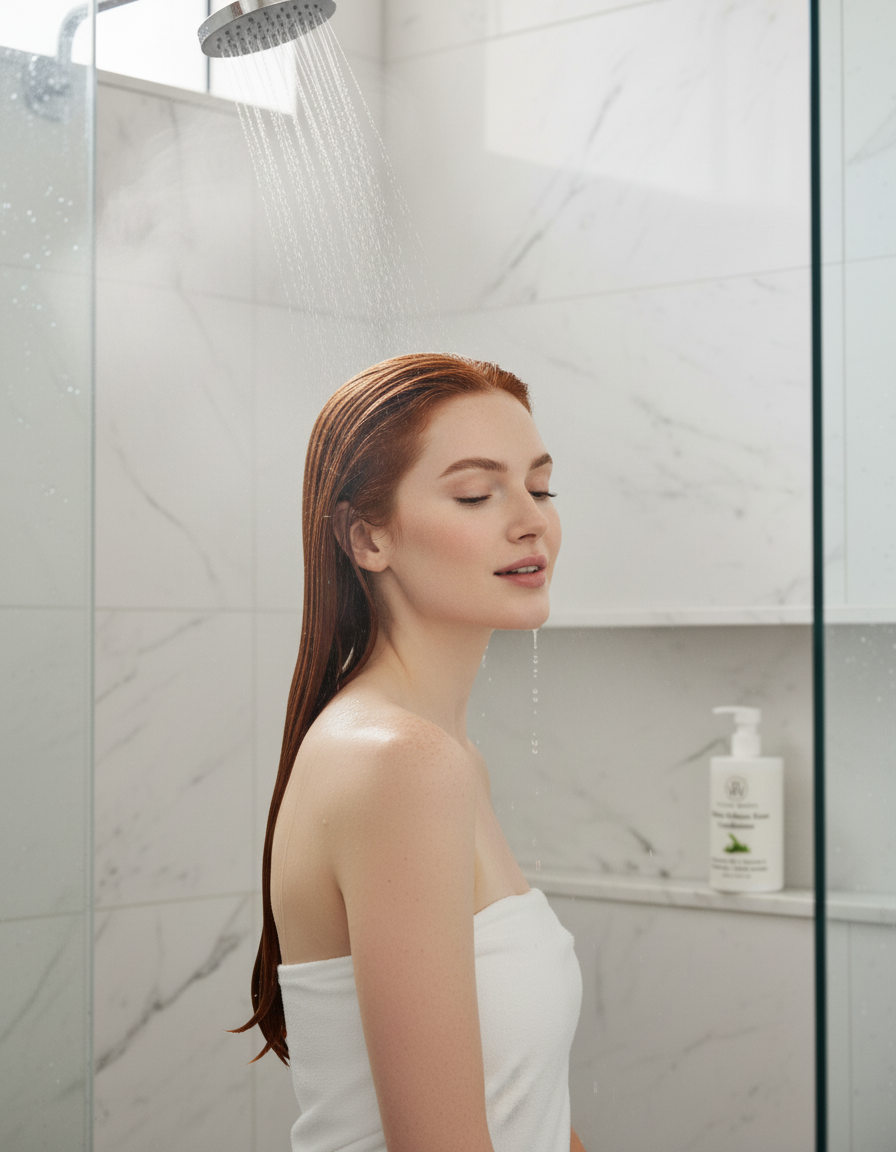 Lifestyle shot of model in shower with wet hair