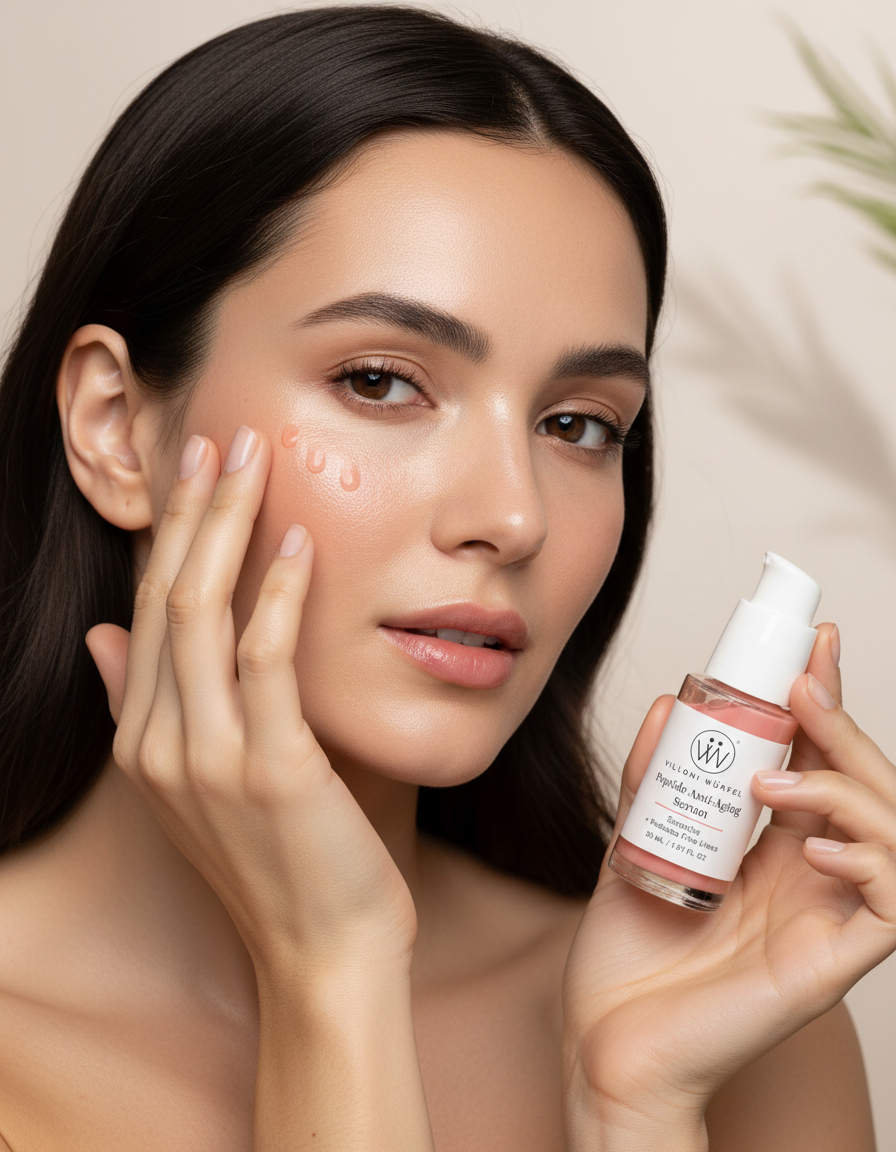Luxury close-up with Peptide Anti-Aging Serum bottle visible