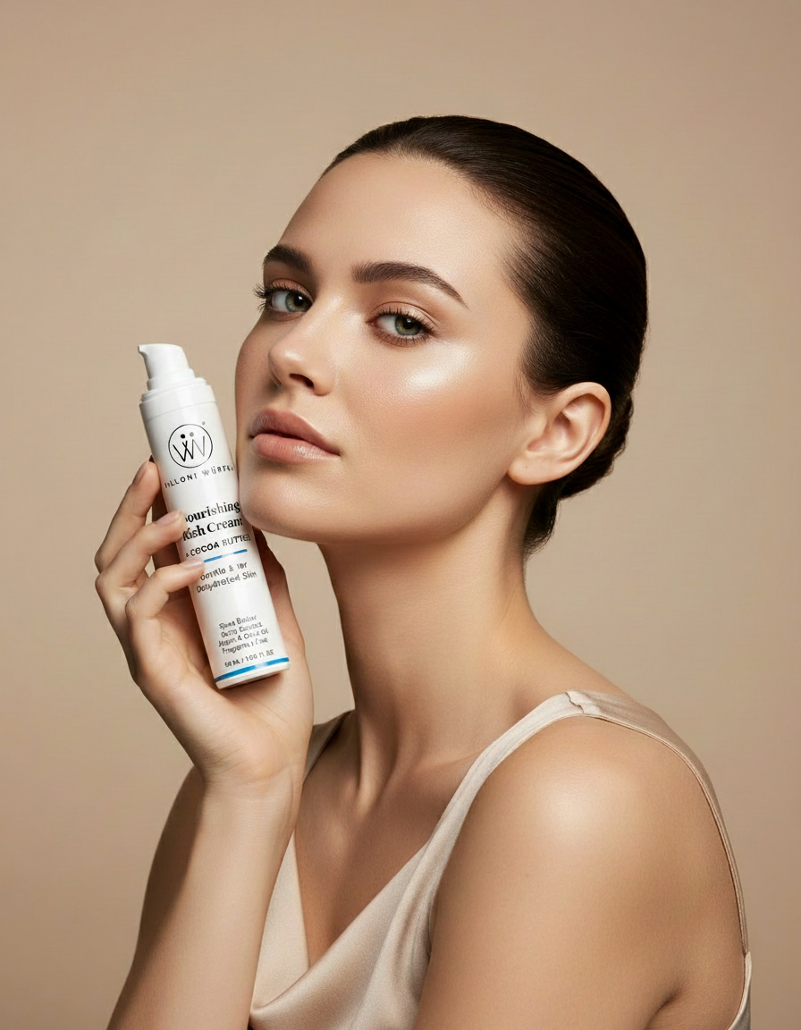 Luxury model with eyes open holding bottle