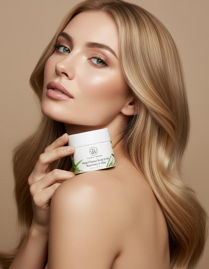 Model holding Deep Cleanse Scalp Scrub - different angle
