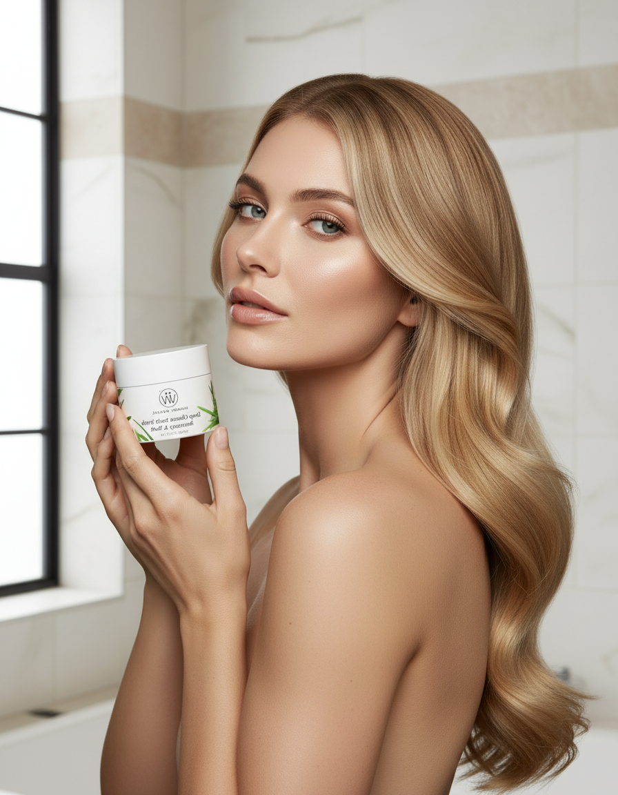 Model holding Deep Cleanse Scalp Scrub next to hair in bathroom