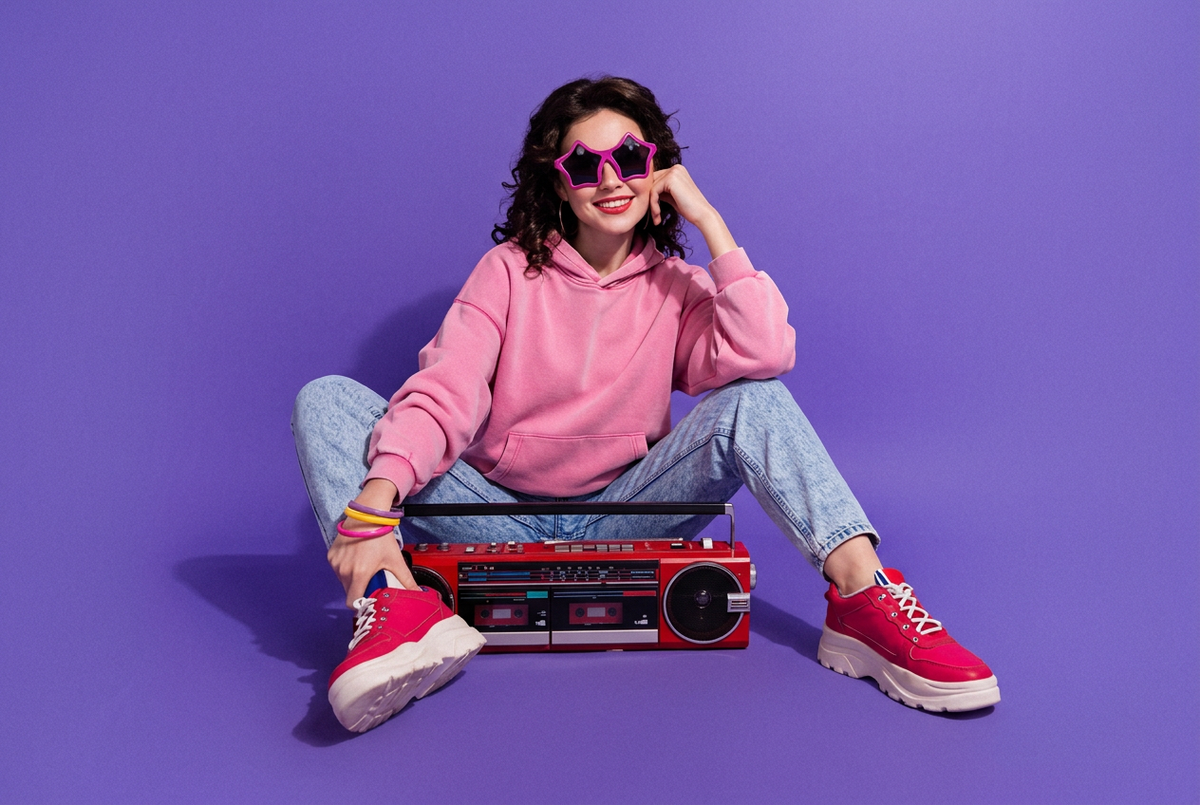Model in the pink hoodie and ’80s jeans seated with a boombox against a purple backdrop