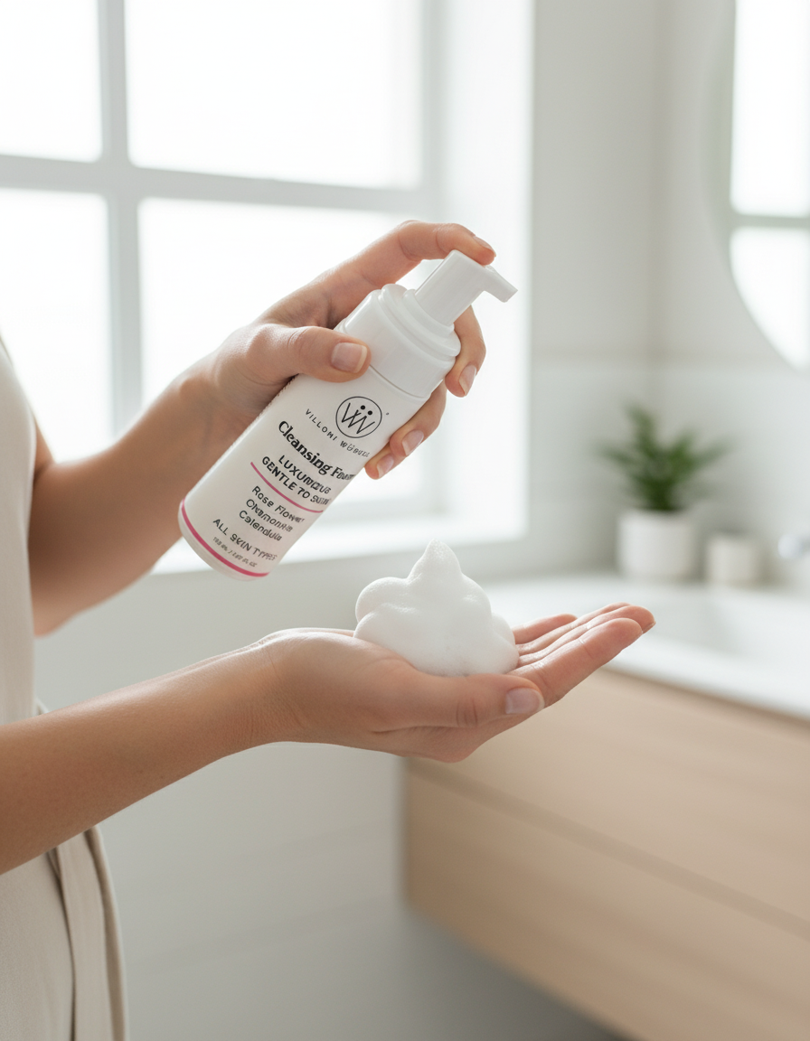 Model pumping Cleansing Foam onto palms