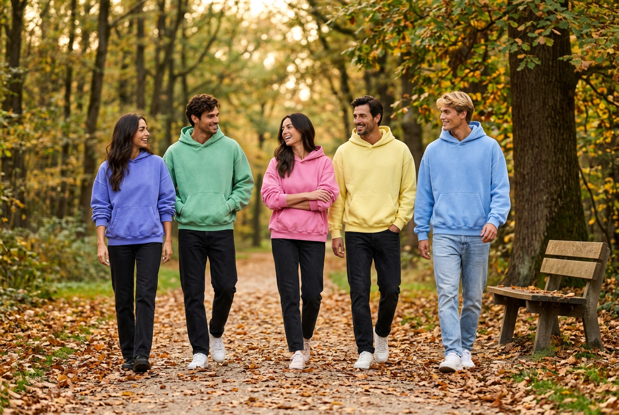 Natural autumn lifestyle image featuring five hoodie colors