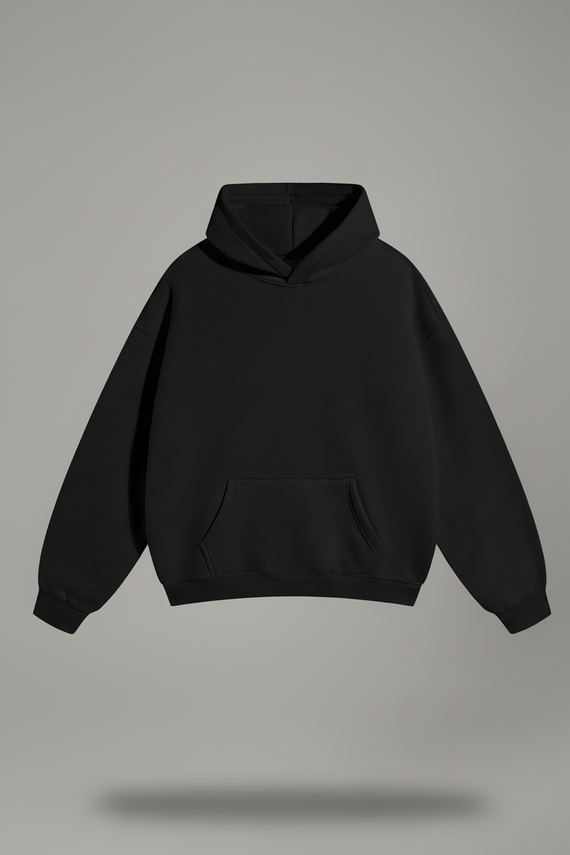 Oversized fleece hoodie with a slightly lighter studio-gray background