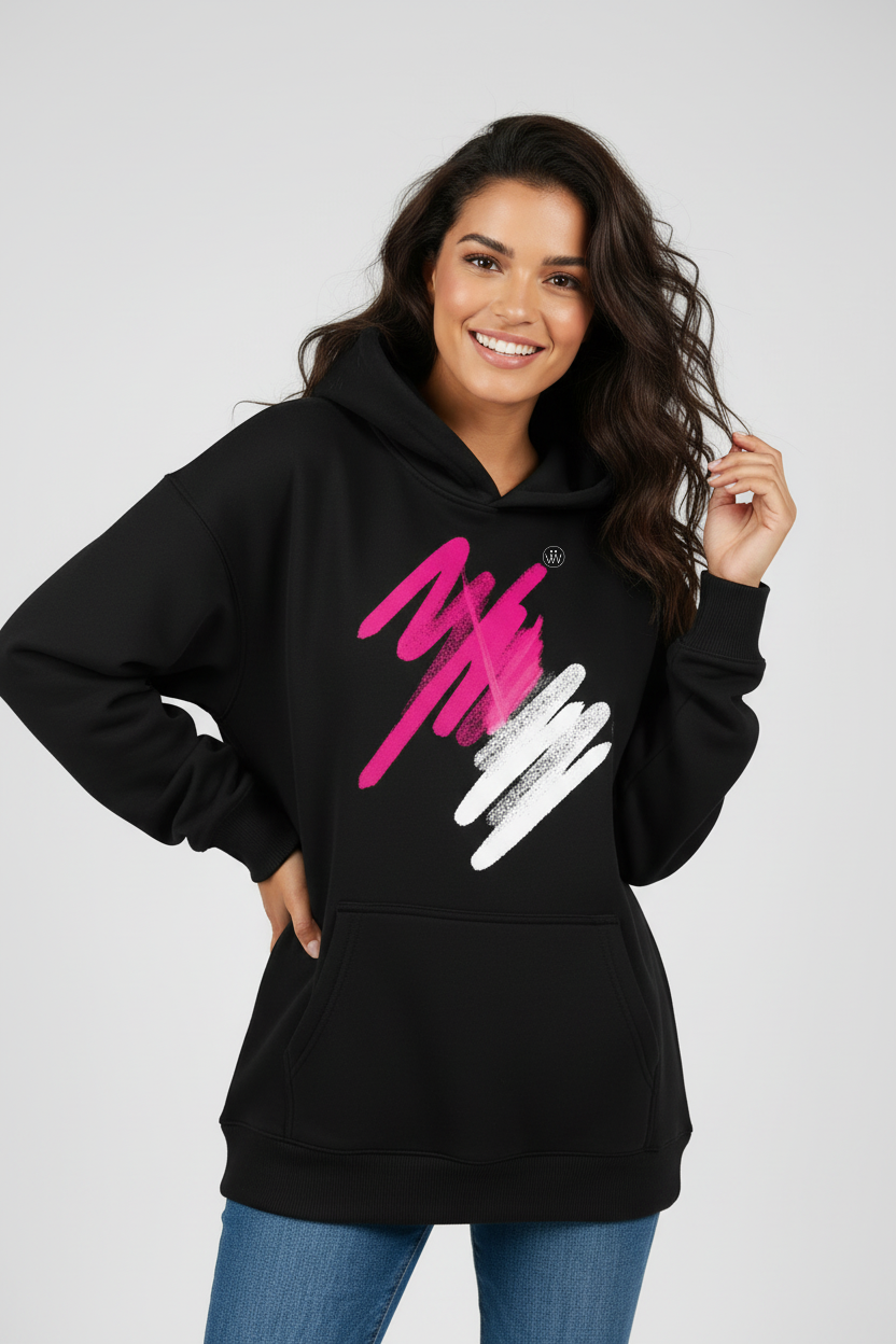 Women's Black Oversized Fleece Hoodie | Magenta + White