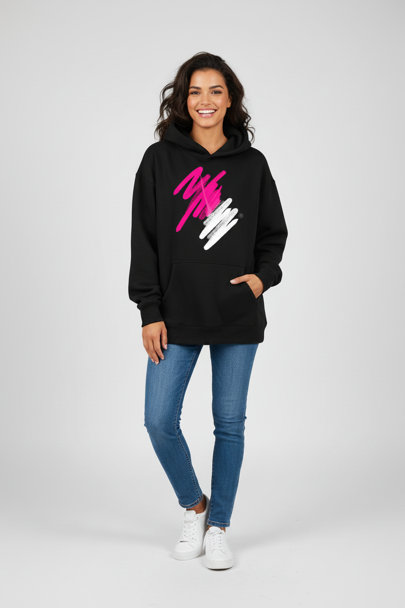 Women's Black Oversized Fleece Hoodie | Magenta + White