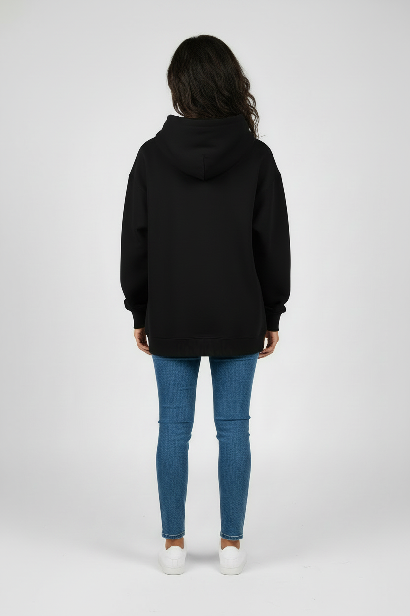 Women's Black Oversized Fleece Hoodie | Magenta + White